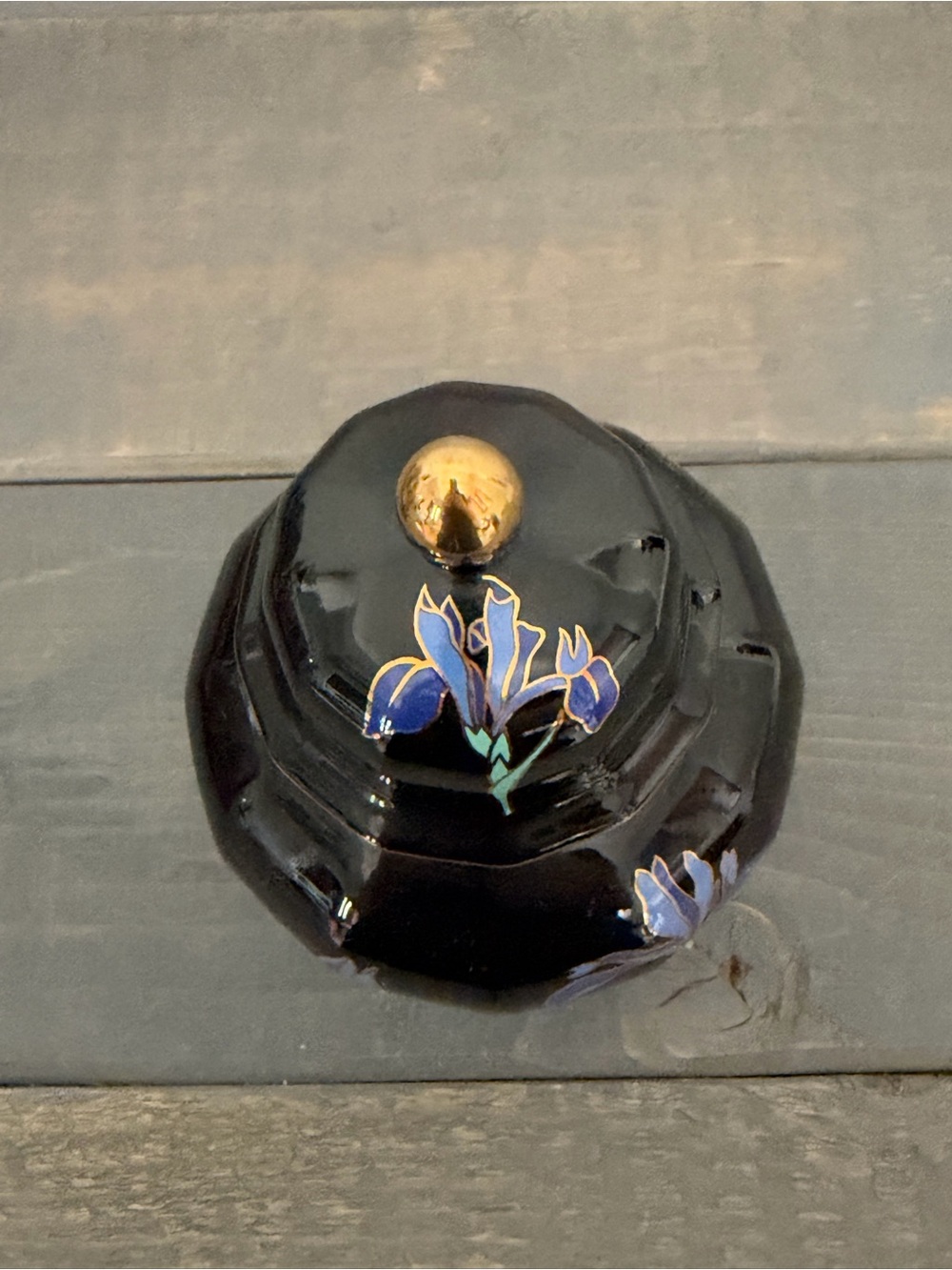 Vintage Otagiri Japan Blue Iris Ginger Jar & Trinket Box Set Black Floral - Picture 6 of 16